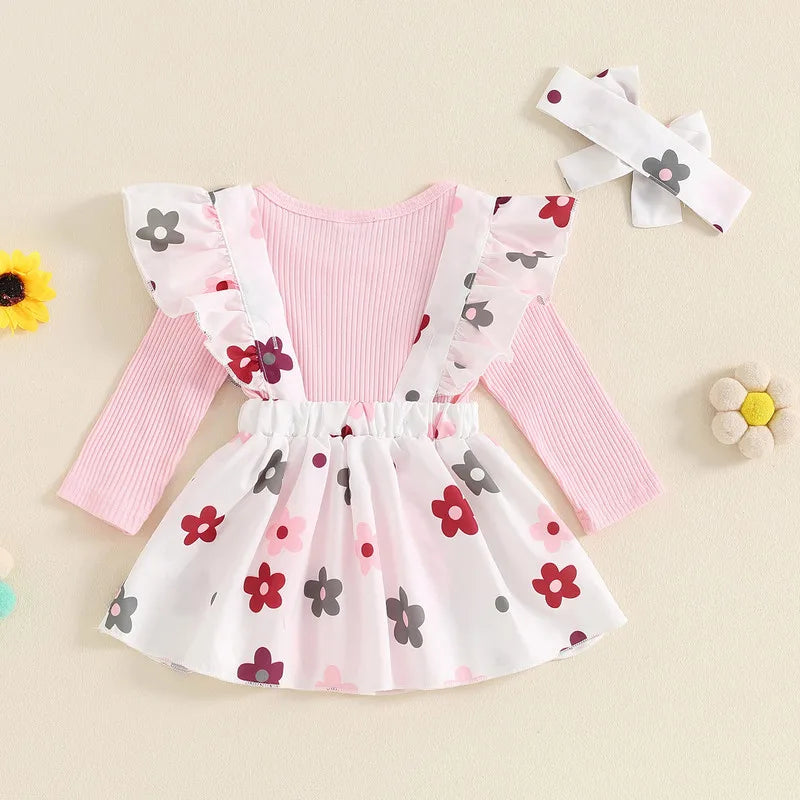 Adorable Baby Girls' Fall Outfit Set with Long Sleeve Bodysuit, Bow Suspender Skirt, and Matching Headband