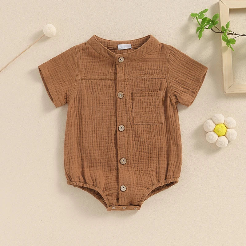 Summer Casual Baby Boy Shirred Romper - Short Sleeve Button Down Jumpsuit for Newborns (0-18 Months)