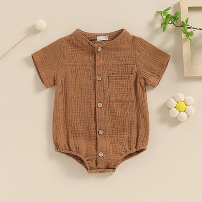 Summer Casual Baby Boy Shirred Romper - Short Sleeve Button Down Jumpsuit for Newborns (0-18 Months)