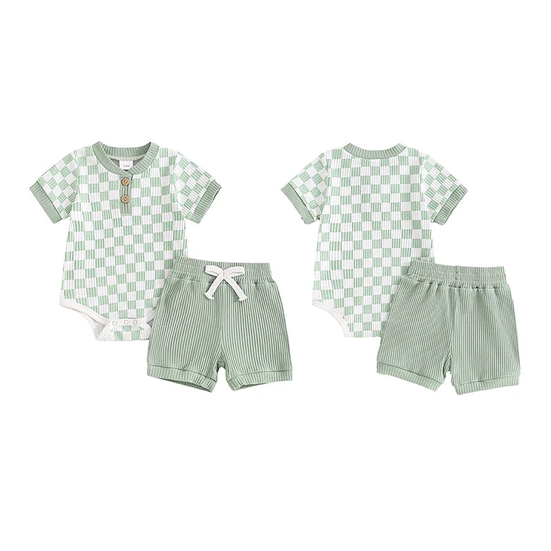 Trendy Baby Boys Summer Ribbed Checkerboard Bodysuit and Shorts Set (0-18 Months)