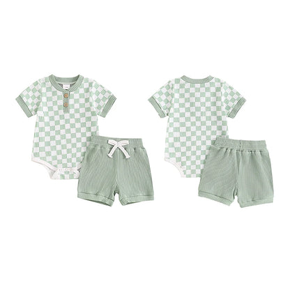 Trendy Baby Boys Summer Ribbed Checkerboard Bodysuit and Shorts Set (0-18 Months)