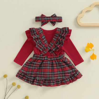 Adorable Baby Girls 3-Piece Christmas Outfit Set with Flying Sleeve Romper, Plaid Suspender Skirt, and Matching Headband