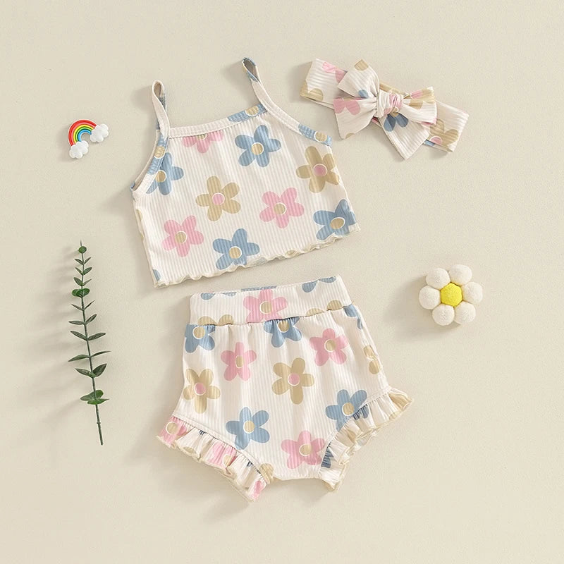 Toddler Summer Floral Outfit Set for Baby Girls - 3PCS Cami Top, Shorts, and Headband (0-24 Months)