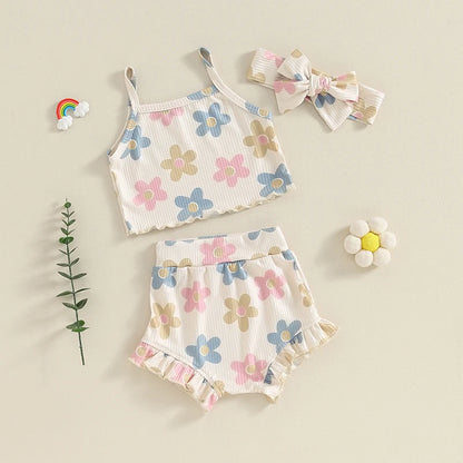 Toddler Summer Floral Outfit Set for Baby Girls - 3PCS Cami Top, Shorts, and Headband (0-24 Months)