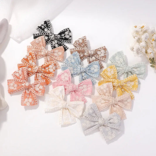 Vintage Floral Bow Hair Clips for Kids - Charming Embroidered Baby Accessories