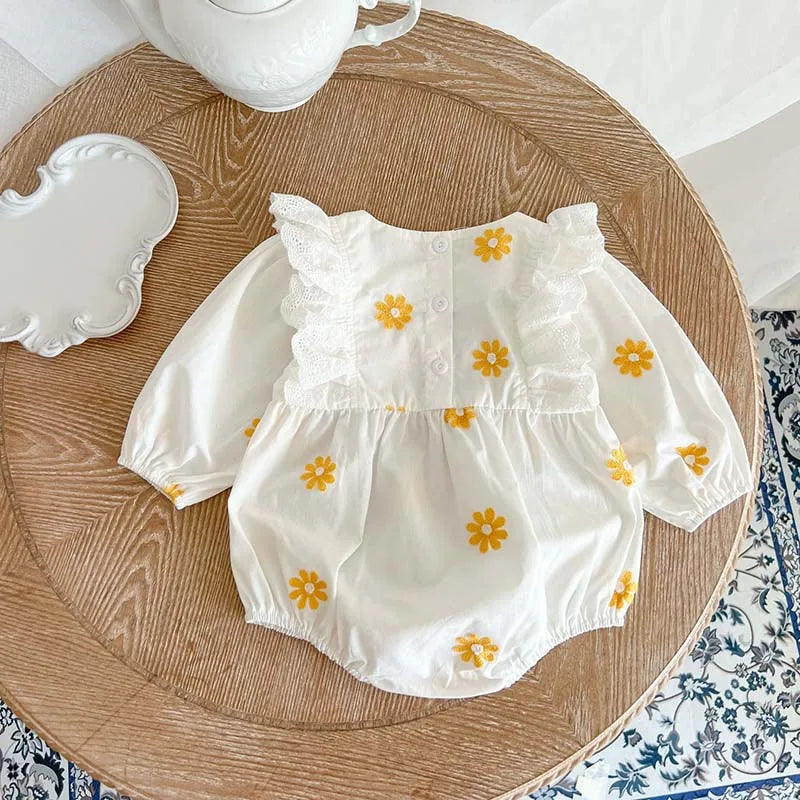 Adorable Daisy Embroidered Long Sleeve Girls Romper - 2024 Spring Toddler Jumpsuit for Infants 0-2T
