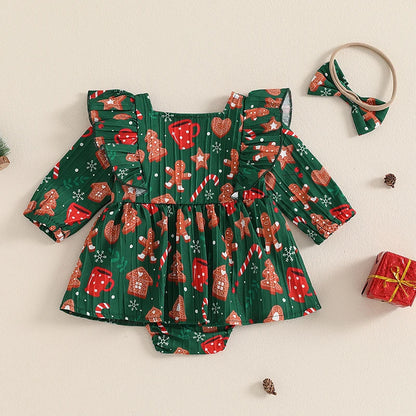 Adorable Baby Girl Christmas Rompers Dress with Gingerbread Man and Tree Print, Ruffled Skirt, and Headband for Newborns