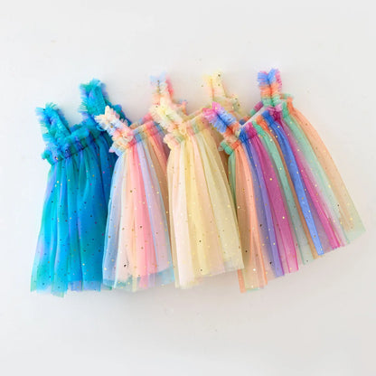 Summer Rainbow Gradient Stars Sling Dress for Toddler Girls - Cute Mesh Birthday Outfit