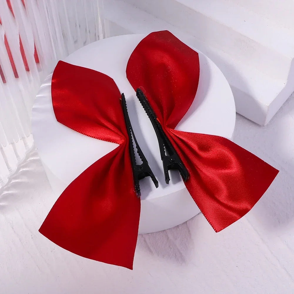 Vintage-Inspired Black and White Ribbon Hair Bow Clips - 2-Piece Set for Women and Girls