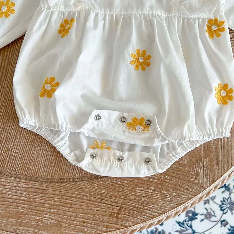 Adorable Daisy Embroidered Long Sleeve Girls Romper - 2024 Spring Toddler Jumpsuit for Infants 0-2T