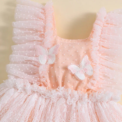 Adorable Baby Girl Summer Romper with Butterfly Embellishments and Swiss Dot Lace for Newborns