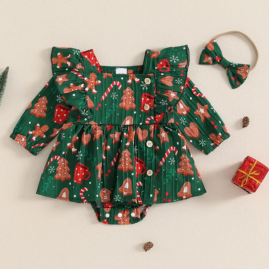 Adorable Baby Girl Christmas Rompers Dress with Gingerbread Man and Tree Print, Ruffled Skirt, and Headband for Newborns