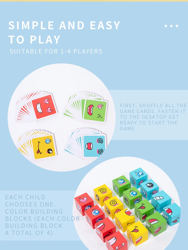 Wooden Expression Matching Puzzle Cube - Educational Building Blocks Game for Kids Aged 4-12