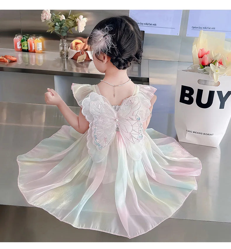 Rainbow Butterfly Wing Mesh Dress for Girls - Sweet Summer Birthday Party Princess Attire