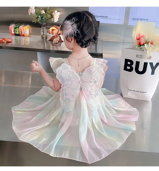 Rainbow Butterfly Wing Mesh Dress for Girls - Sweet Summer Birthday Party Princess Attire