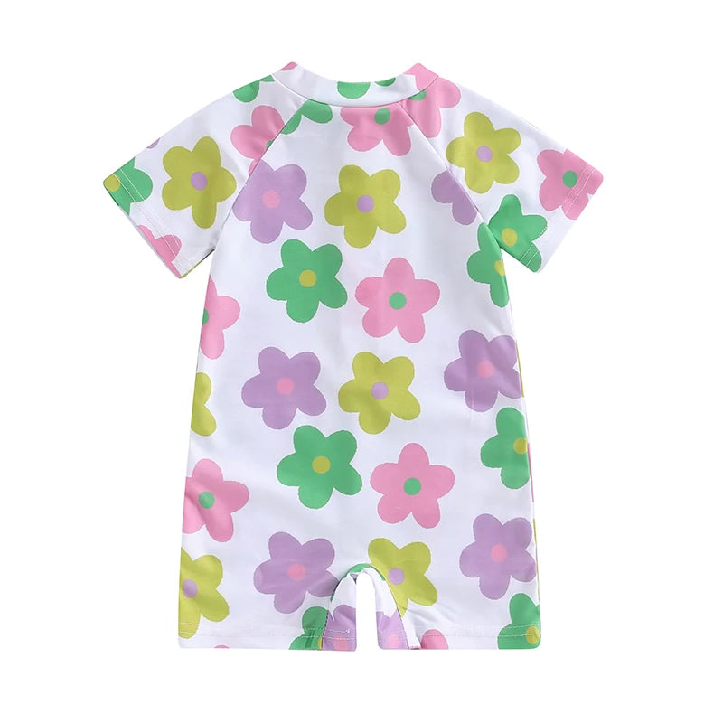 Adorable Floral Print Short Sleeve Swimsuit for Baby Girls - Summer Bathing Suit for Newborns and Toddlers