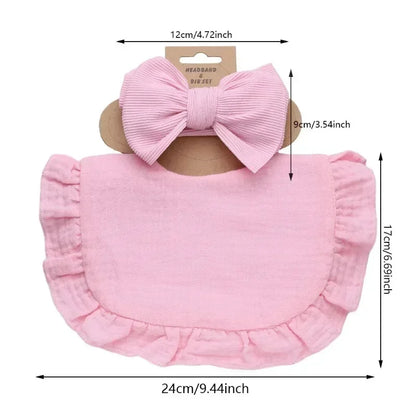 Stylish Ribbed Baby Bibs with Hair Bows and Headbands for Boys and Girls - Ruffled Flower Feeding Accessories
