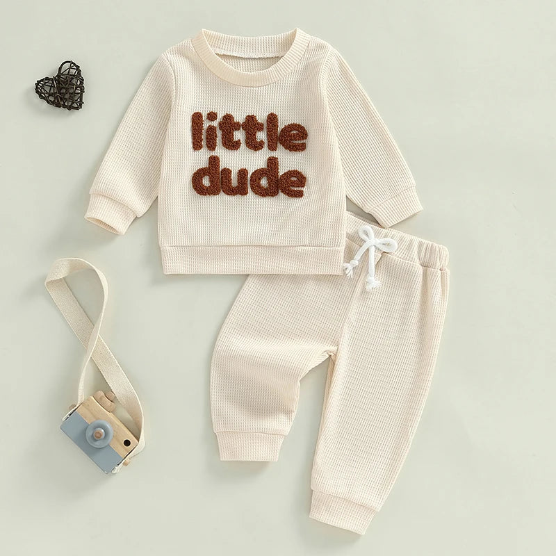 Unisex Baby Waffle Outfit Set with Letter Embroidery - Long Sleeve Sweatshirt and Elastic Waist Pants for Newborns