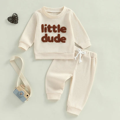 Unisex Baby Waffle Outfit Set with Letter Embroidery - Long Sleeve Sweatshirt and Elastic Waist Pants for Newborns