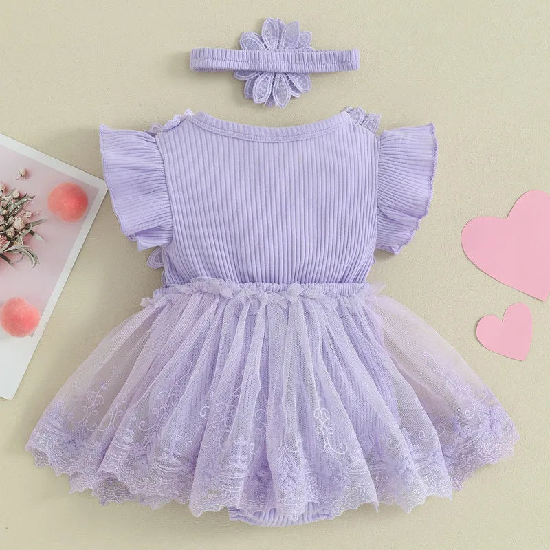 Adorable Newborn Baby Girl Ruffled Bodysuit Dress Set with Mesh Lace and Headband - Stylish Summer Outfit