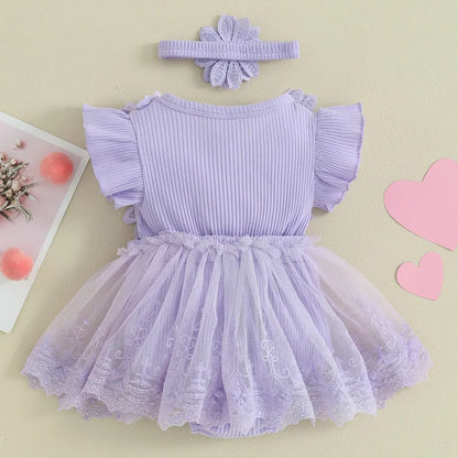 Adorable Newborn Baby Girl Ruffled Bodysuit Dress Set with Mesh Lace and Headband - Stylish Summer Outfit