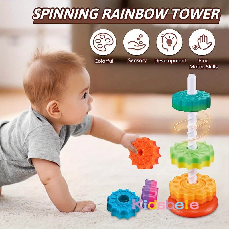Vibrant Rainbow Spinning Stacking Rings - Educational Montessori Toys for Baby Development