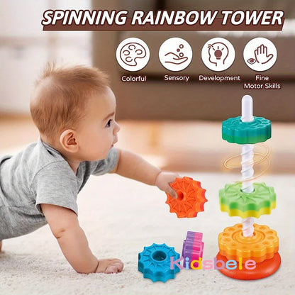Vibrant Rainbow Spinning Stacking Rings - Educational Montessori Toys for Baby Development