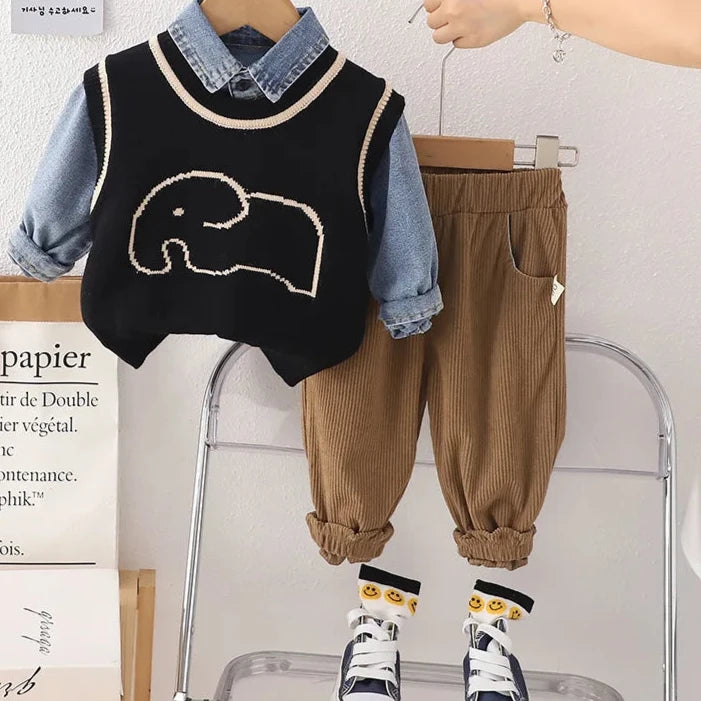 2023 Autumn Toddler Cartoon Elephant Knit Vest and Denim Shirt Set with Casual Pants for Boys - Stylish Three-Piece Outfit