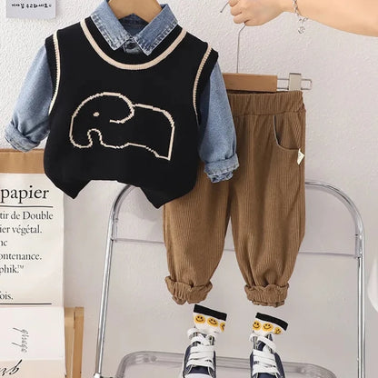 2023 Autumn Toddler Cartoon Elephant Knit Vest and Denim Shirt Set with Casual Pants for Boys - Stylish Three-Piece Outfit