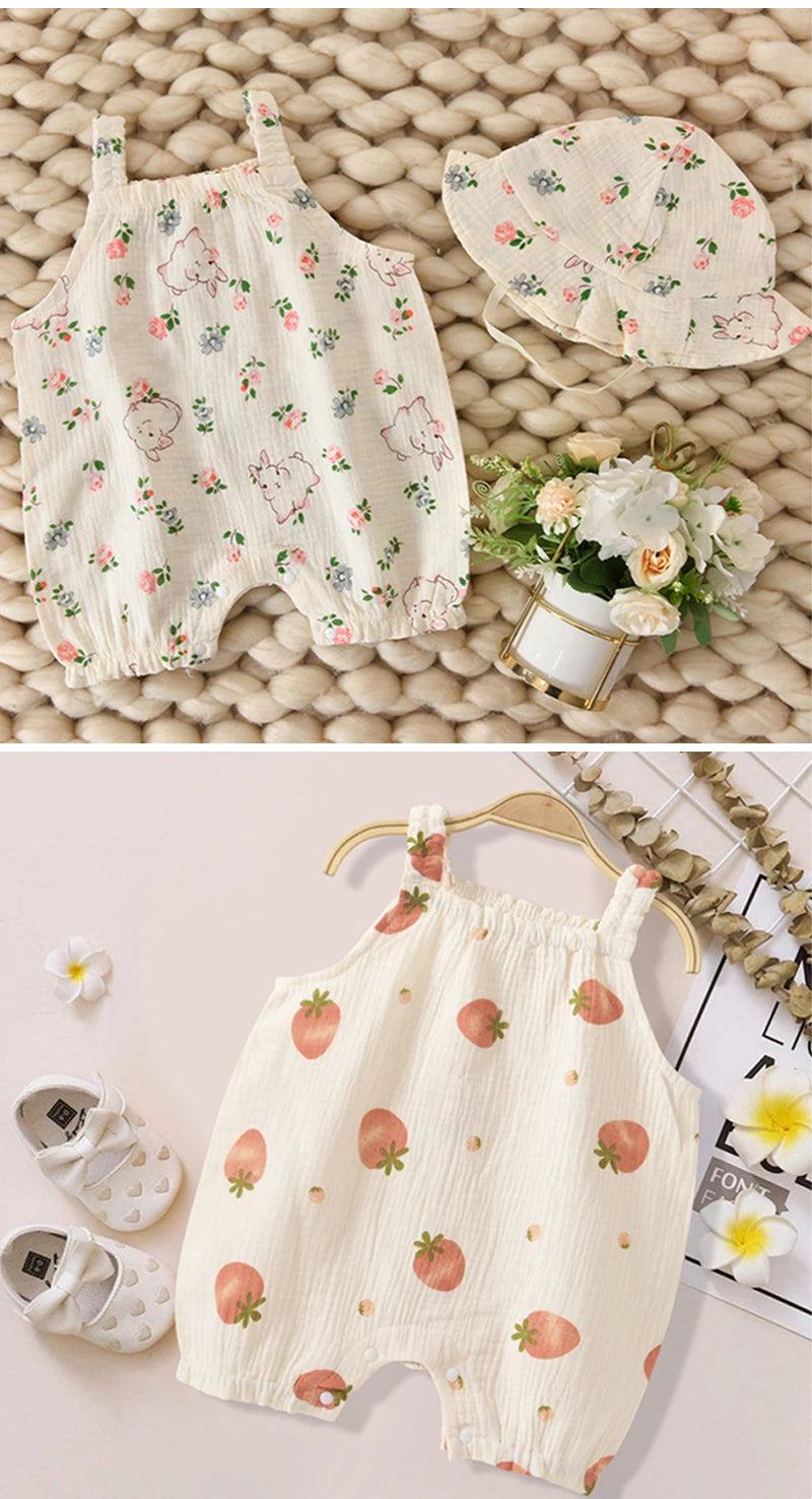 Adorable Cartoon Dog Summer Romper and Hat Set for Babies - Breathable Muslin Jumpsuit for Boys and Girls