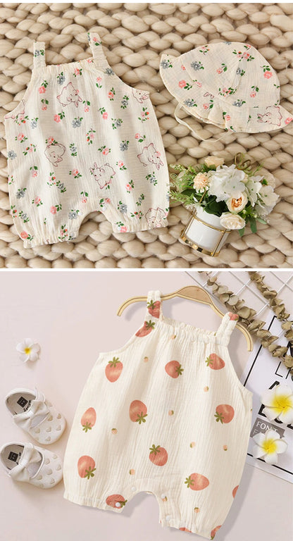 Adorable Cartoon Dog Summer Romper and Hat Set for Babies - Breathable Muslin Jumpsuit for Boys and Girls