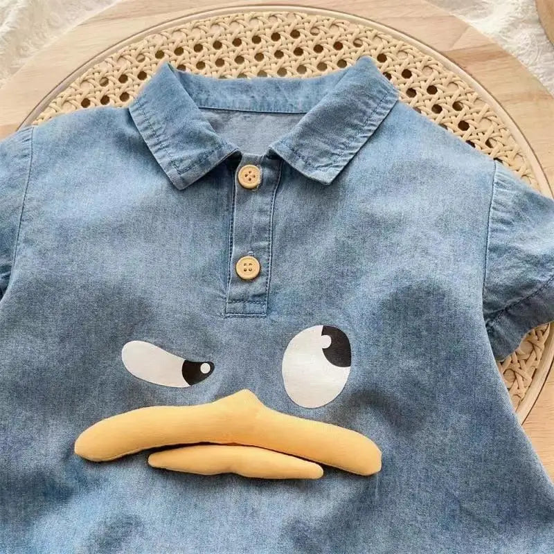 Adorable Cartoon Duck Denim One-Piece Romper for Newborns and Toddlers - Summer Baby Jumpsuit for Boys and Girls