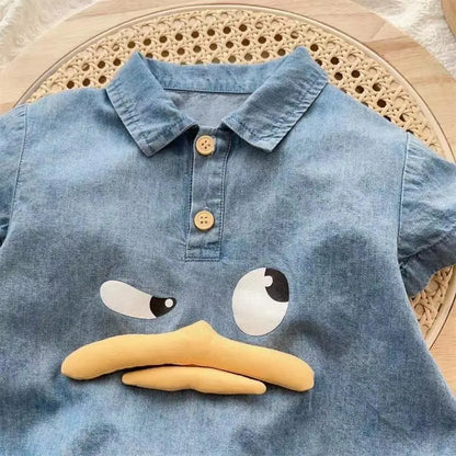 Adorable Cartoon Duck Denim One-Piece Romper for Newborns and Toddlers - Summer Baby Jumpsuit for Boys and Girls