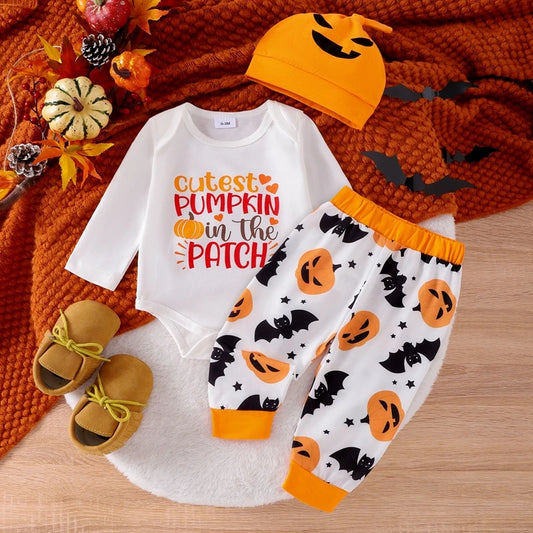 Adorable Baby Halloween Outfit Set with Pumpkin Pants, Hat, and Letter Print Long Sleeve Romper for Newborns