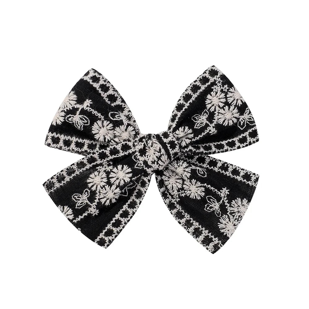 Vintage Floral Bow Hair Clips for Kids - Charming Embroidered Baby Accessories