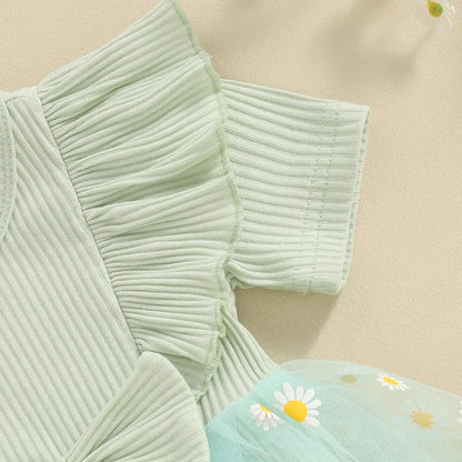 Adorable Baby Girl 2-Piece Daisy Print Summer Romper Dress Set with Matching Headband