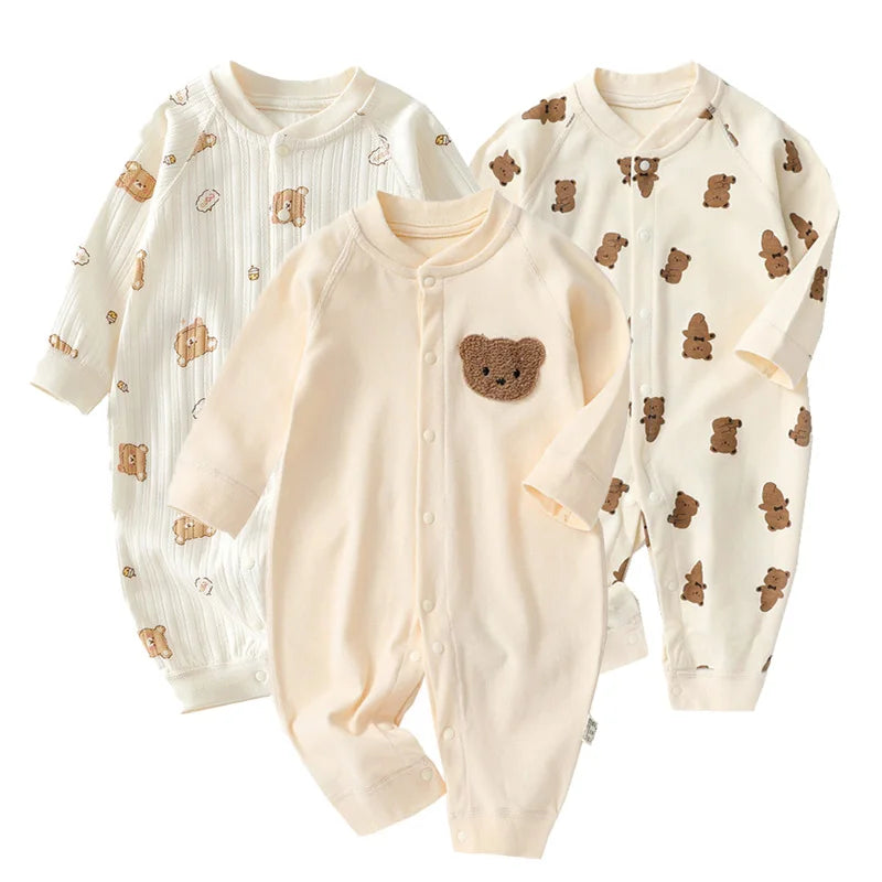Autumn Cartoon Bear Print Cotton Romper for Newborn Boys and Girls - Toddler One-Piece Bodysuit