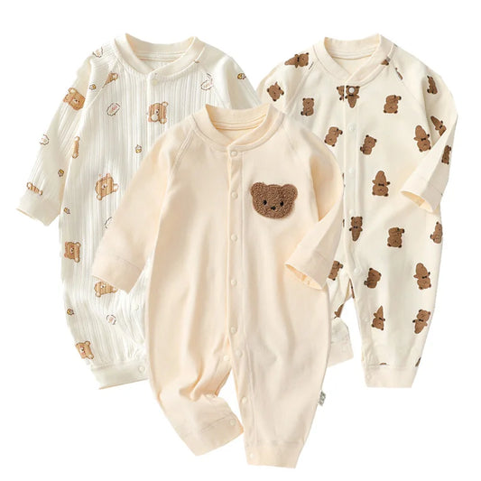 Autumn Cartoon Bear Print Cotton Romper for Newborn Boys and Girls - Toddler One-Piece Bodysuit