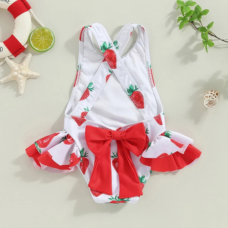 Adorable Toddler Girl's Sleeveless Swimsuit with Fun Fruit and Animal Prints - Back Cross Straps Bathing Suit for Summer