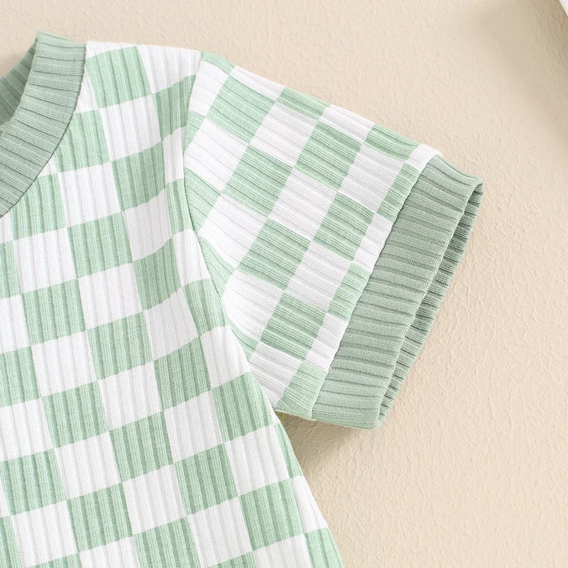 Trendy Baby Boys Summer Ribbed Checkerboard Bodysuit and Shorts Set (0-18 Months)
