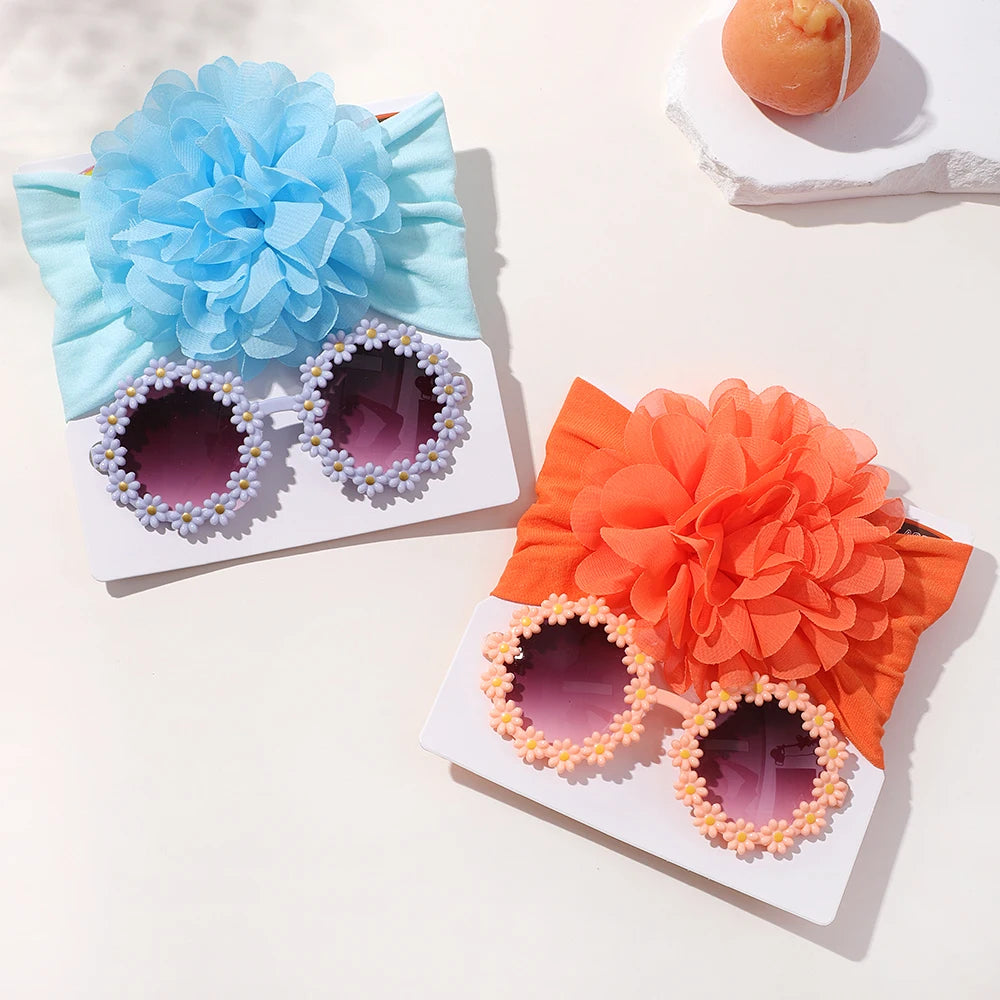Adorable Handmade Flower Headband and Daisy Round Glasses Gift Set for Baby Girls and Toddlers