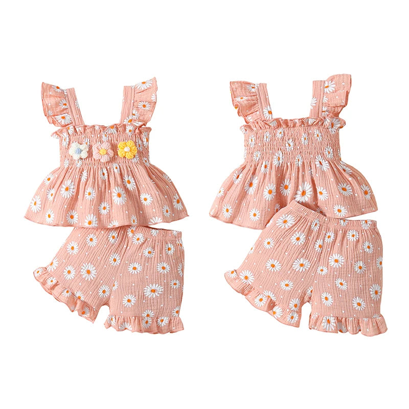 Adorable Baby Girl Summer Outfit Set with 3D Floral Ruffle Top and Shorts