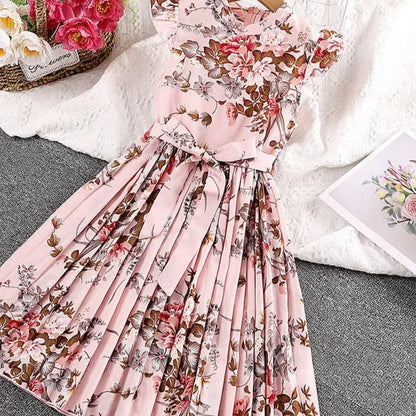2023 Summer Floral Print A-Line Beach Dress for Girls with Flying Sleeves and Round Neck
