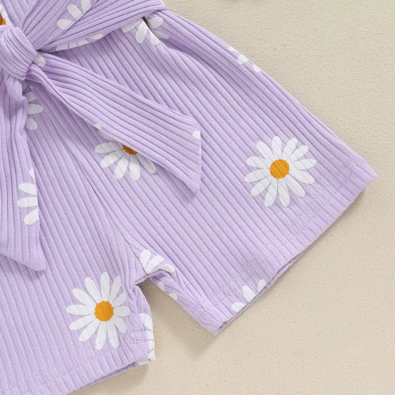 Summer Daisy Print Girls' Sleeveless Romper with Ruffled Sleeves and Belt