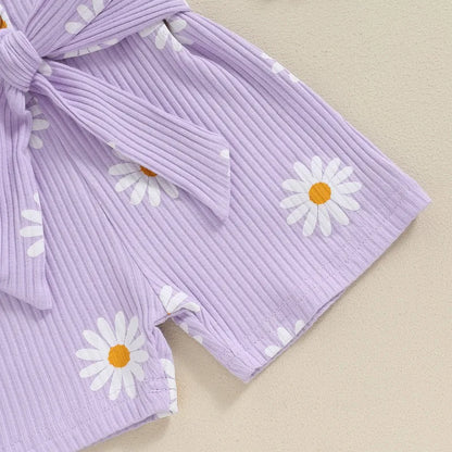 Summer Daisy Print Girls' Sleeveless Romper with Ruffled Sleeves and Belt