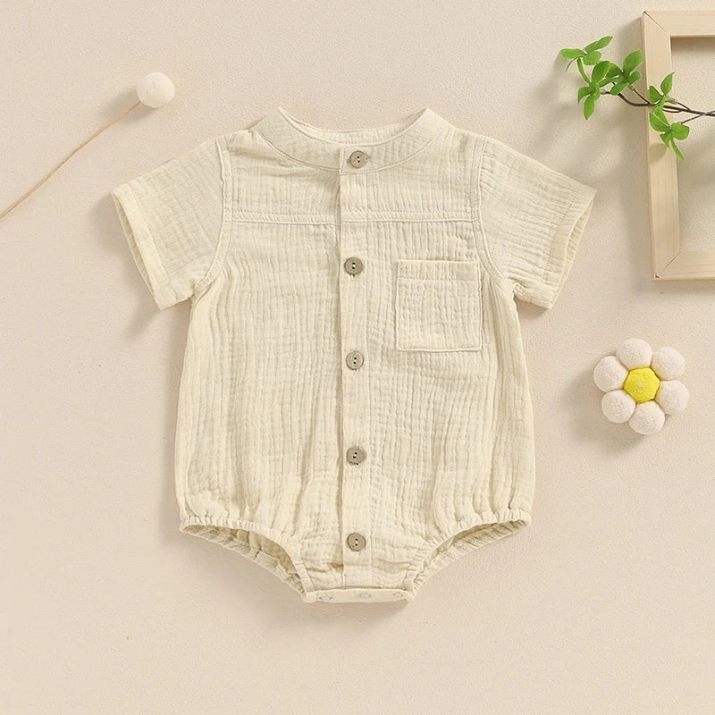 Summer Casual Baby Boy Shirred Romper - Short Sleeve Button Down Jumpsuit for Newborns (0-18 Months)
