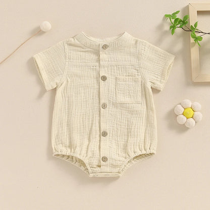 Summer Casual Baby Boy Shirred Romper - Short Sleeve Button Down Jumpsuit for Newborns (0-18 Months)