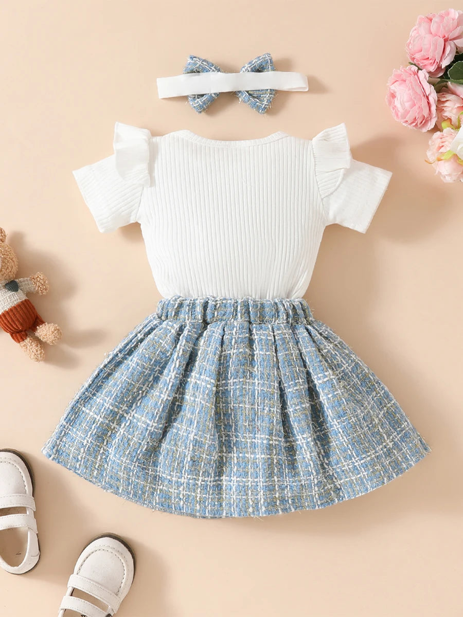 Adorable Baby Girls 3-Piece Skirt Set with Bear Embroidery Romper, Bow Mini Skirt, and Headband for Summer