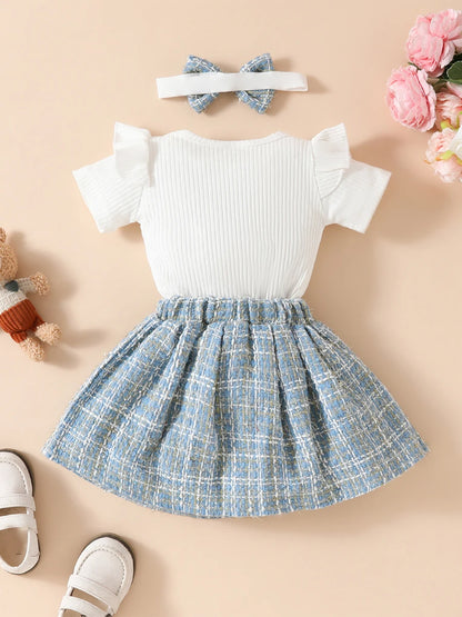 Adorable Baby Girls 3-Piece Skirt Set with Bear Embroidery Romper, Bow Mini Skirt, and Headband for Summer