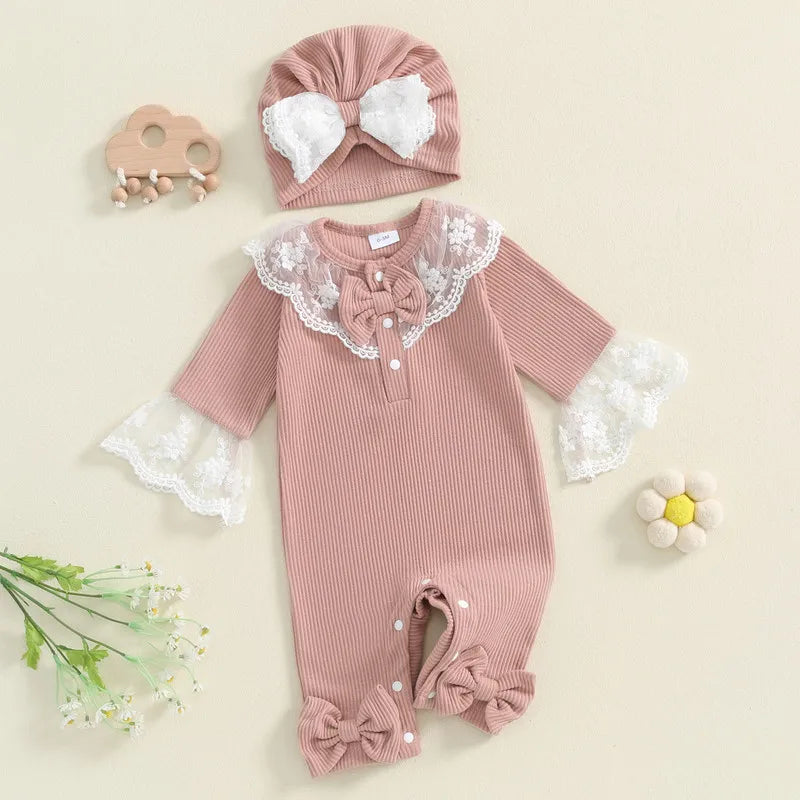 RUEWEY Adorable Newborn Baby Girl Lace Romper with Bow and Turban Hat for Spring and Autumn